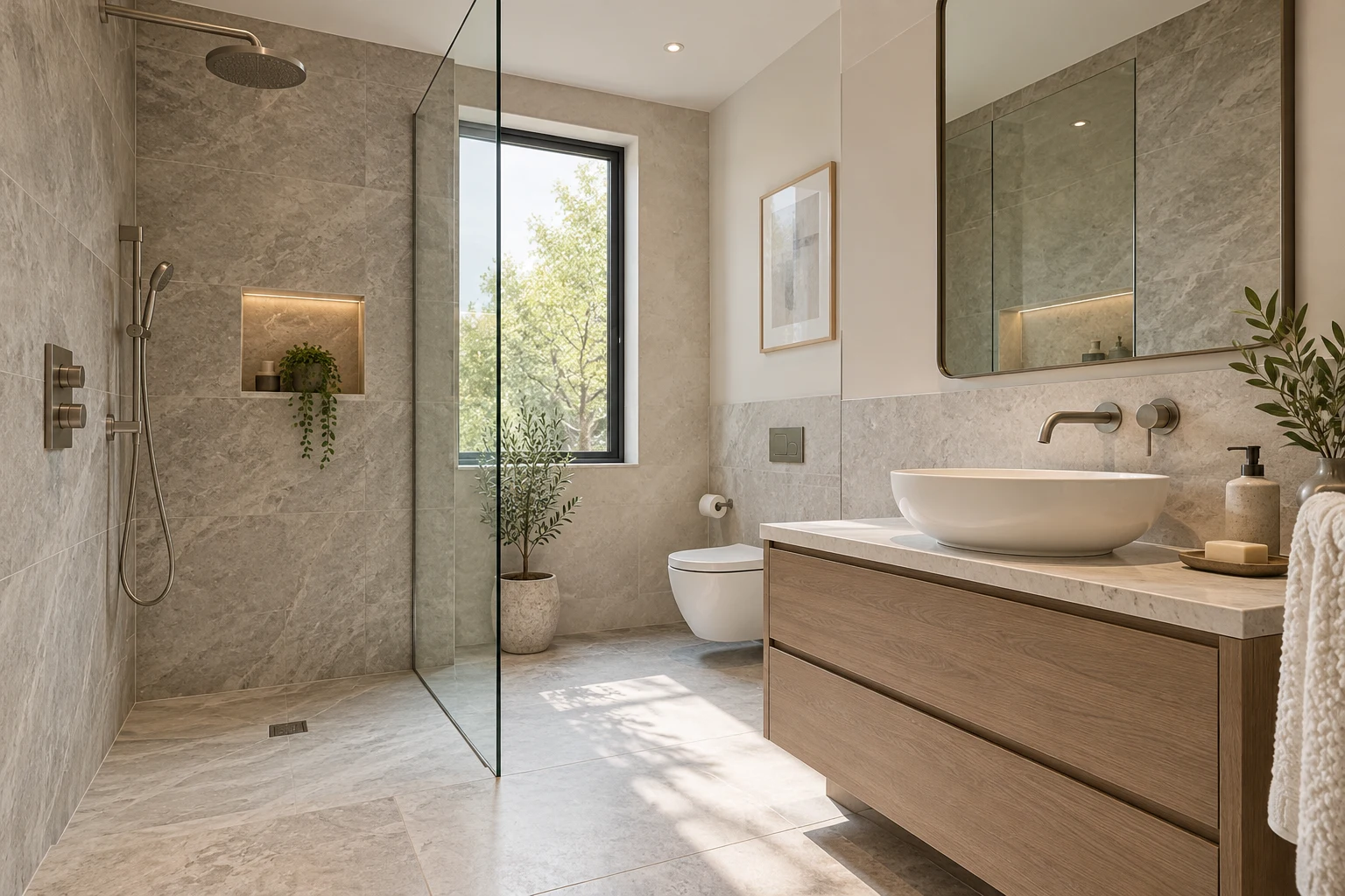 Modern bathroom with glazed shower enclosure and vanity