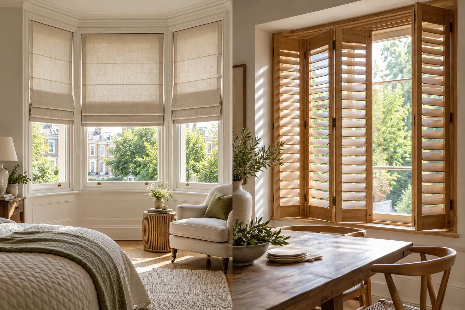 Roman blinds and natural wood plantation shutters