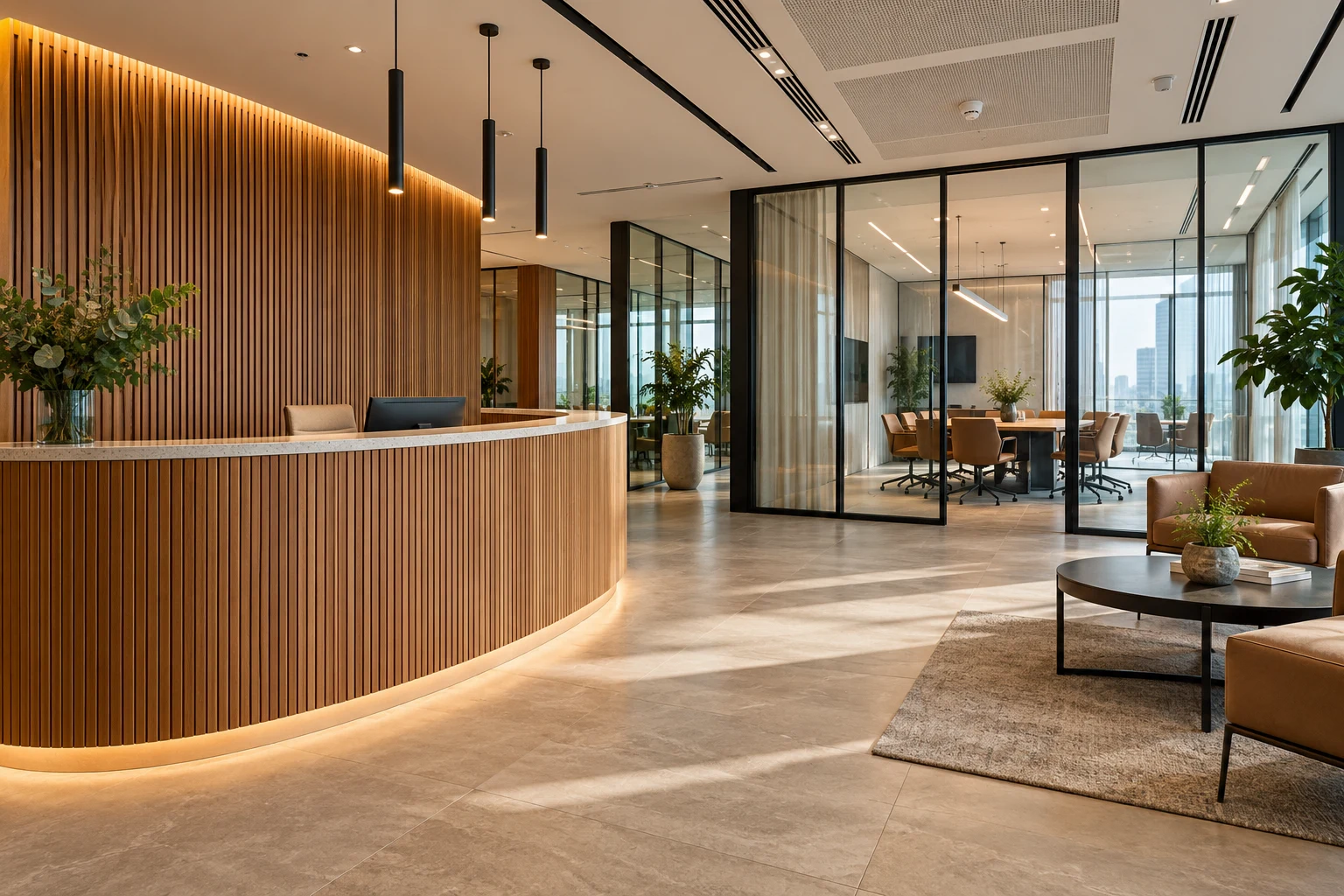 Commercial fit-out with timber reception desk and glazed meeting rooms
