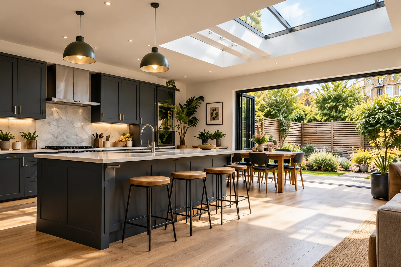Kitchen extension with overhead glazing and views to a garden