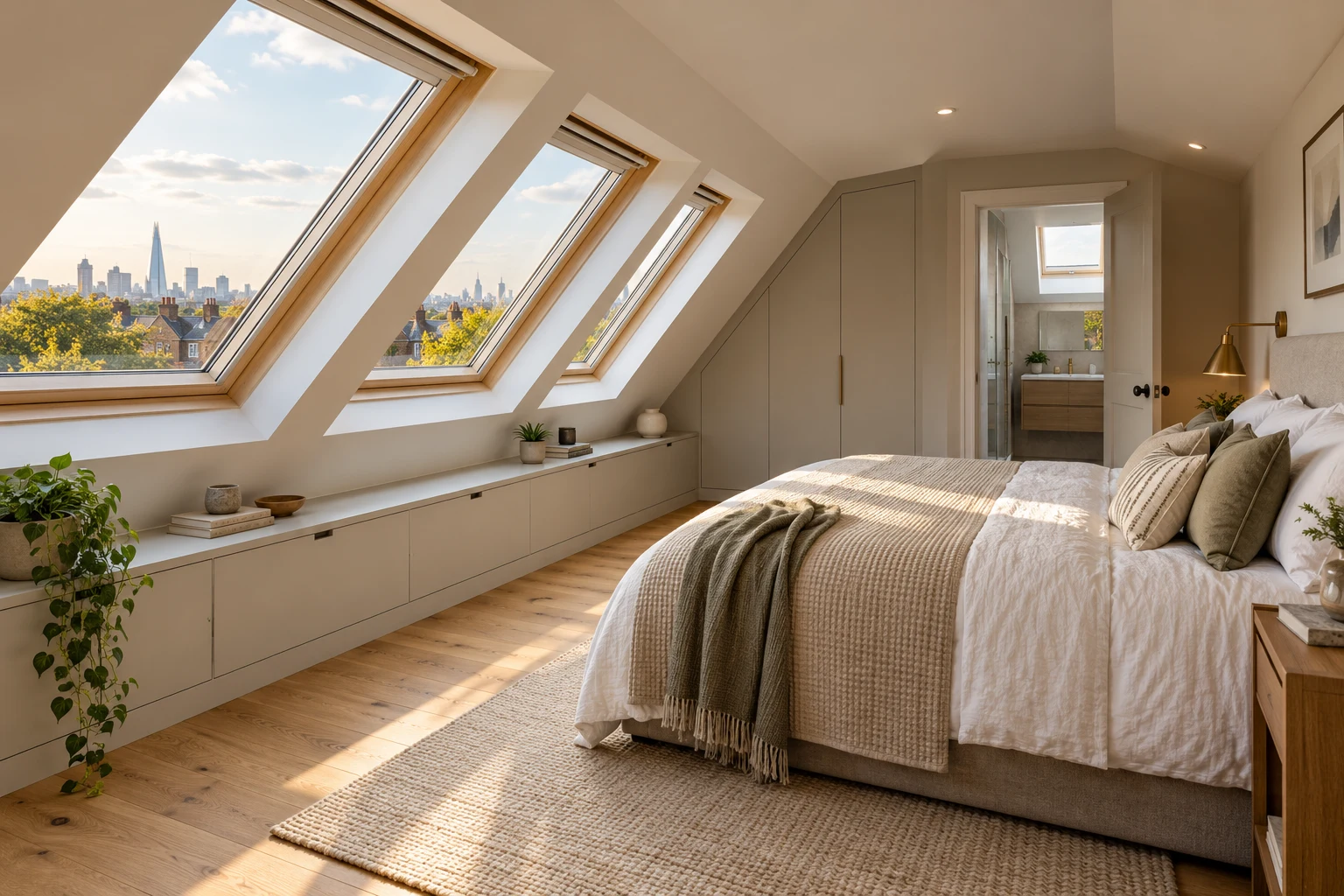Converted loft bedroom with sloping ceiling and pitched roof windows