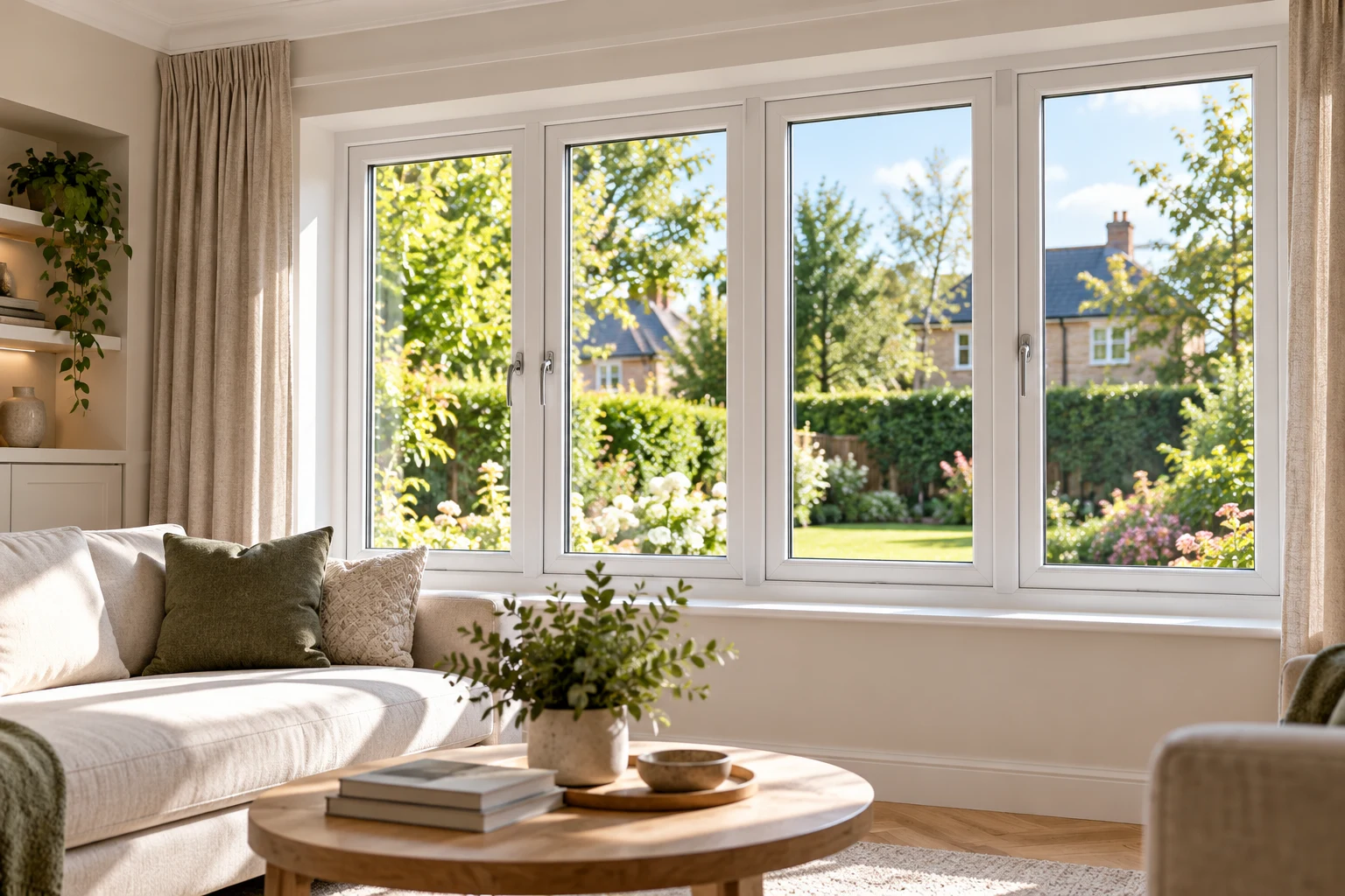 Residential living room with white-framed double-glazed windows