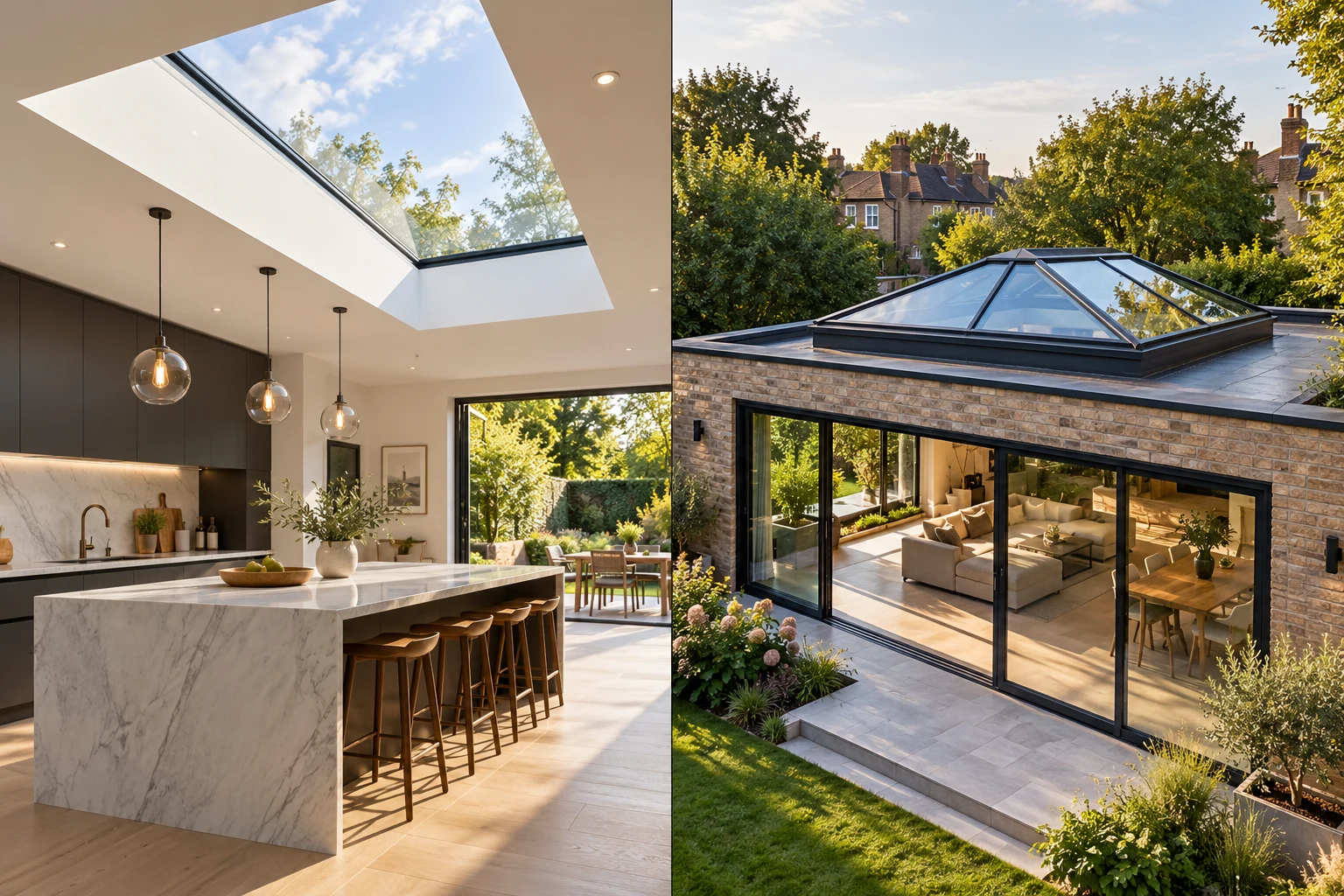 Skylight above a kitchen and raised roof lantern on an extension