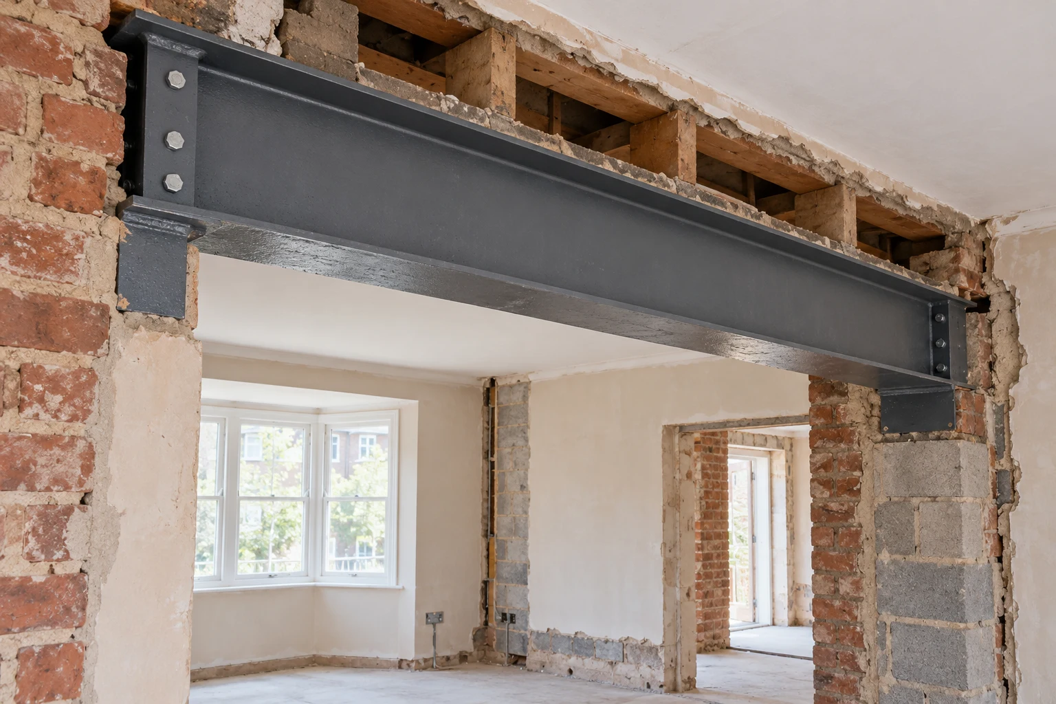 Exposed structural steel beam in a building alteration, not a design specification